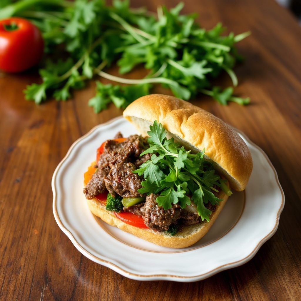 Langsame-Kocher Italienische Rindfleisch-Sandwiches mit Paprika und Grünzeug
