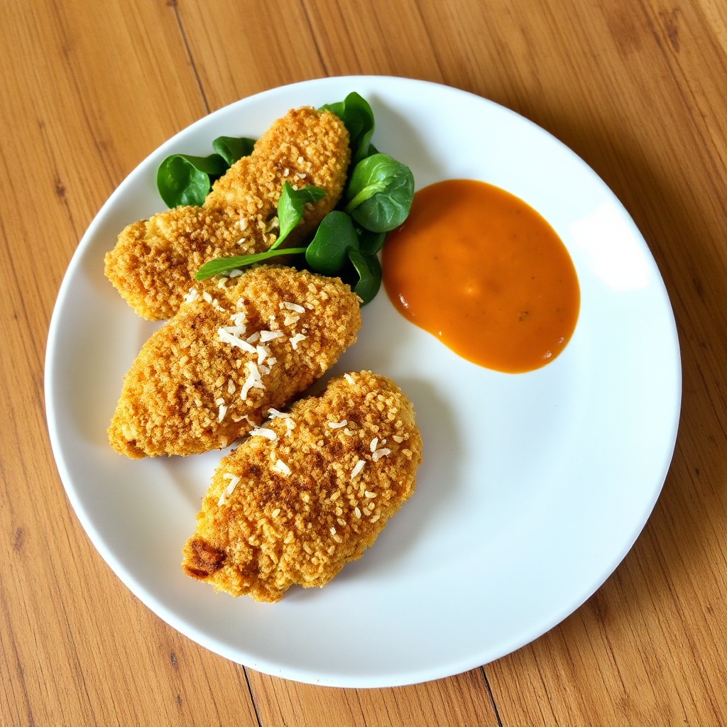 Knusprige Kokosnuss-Cashew-Hühnchenstreifen mit Currysauce