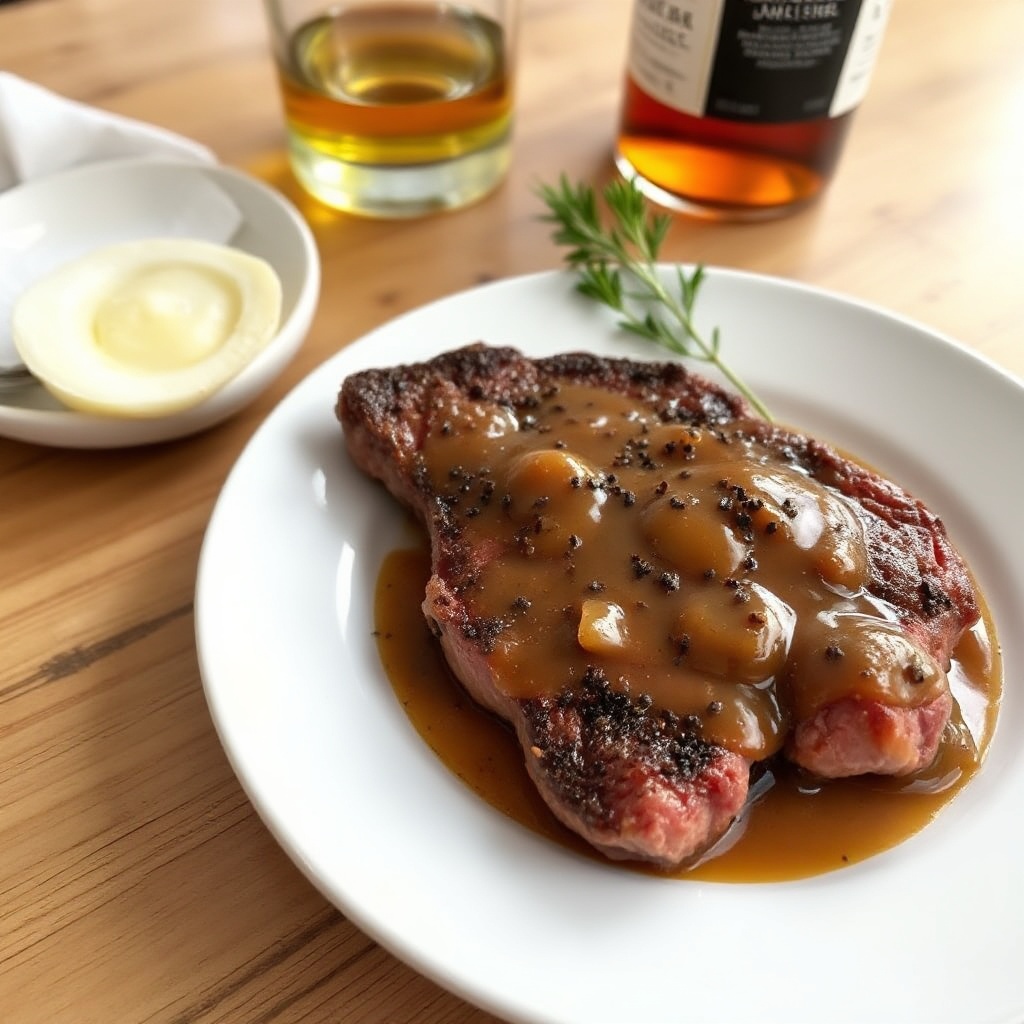 In der Pfanne gebratenes Steak mit Whiskey-Zwiebelsoße