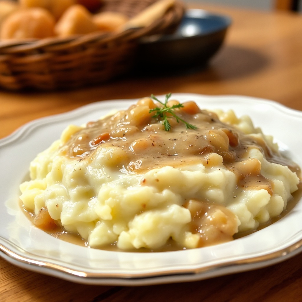 Creamy Mashed Potatoes with Rich Onion Gravy