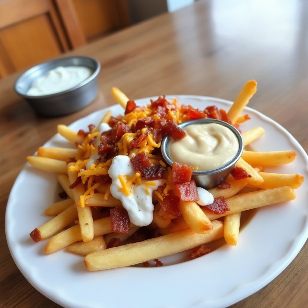 Beladene Käse-Pommes mit würzigem Dip