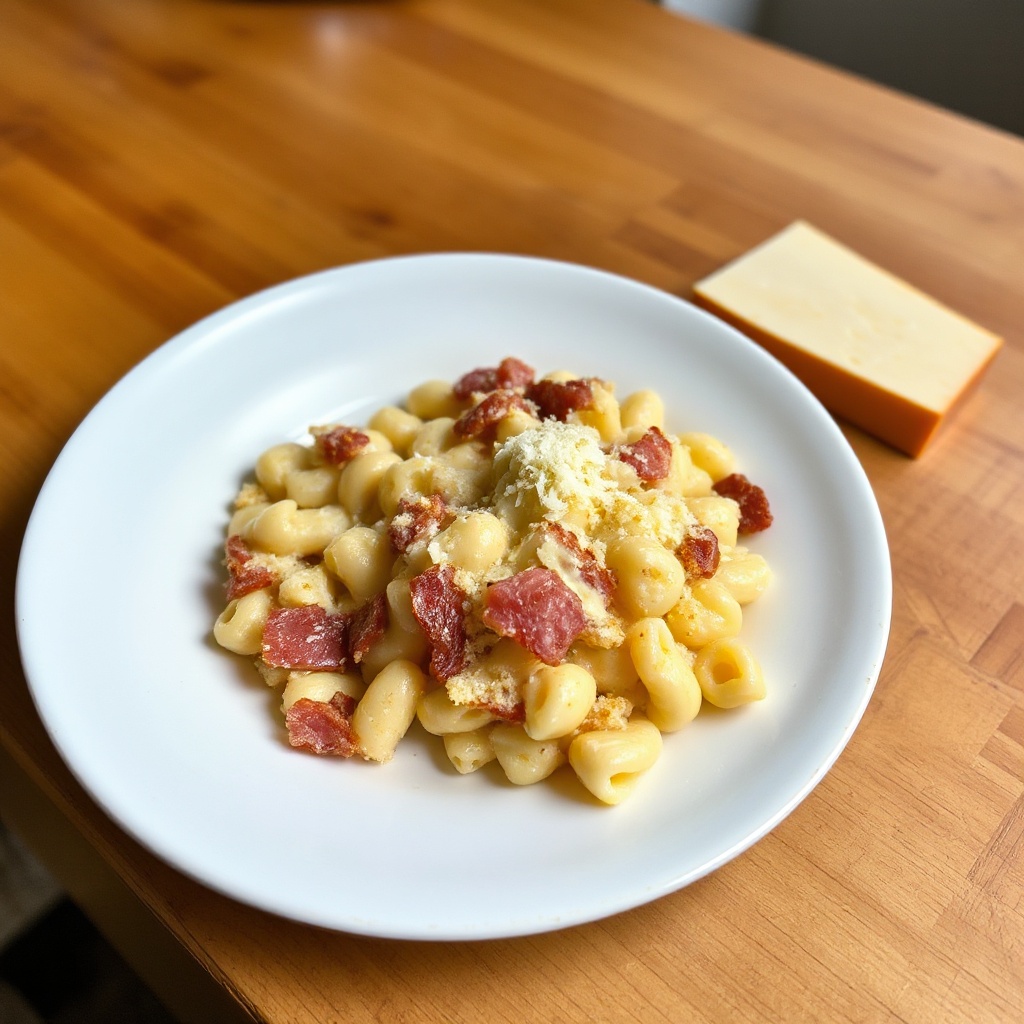Cremige gebackene Makkaroni und Käse mit knusprigem Pancetta
