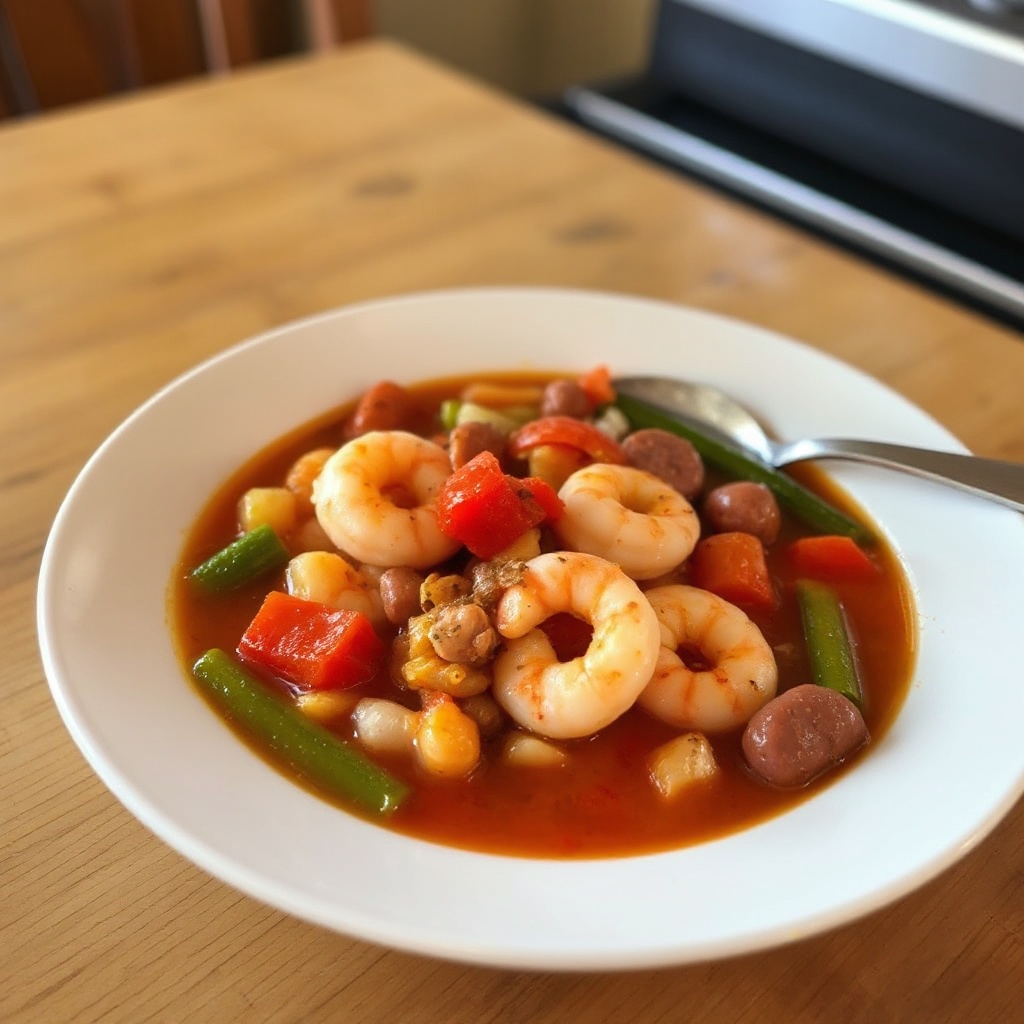 Zuppa Cajun di Gamberi e Salsiccia