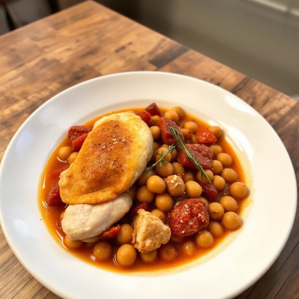 Spanisches Hähnchen mit Chorizo und Kichererbseneintopf