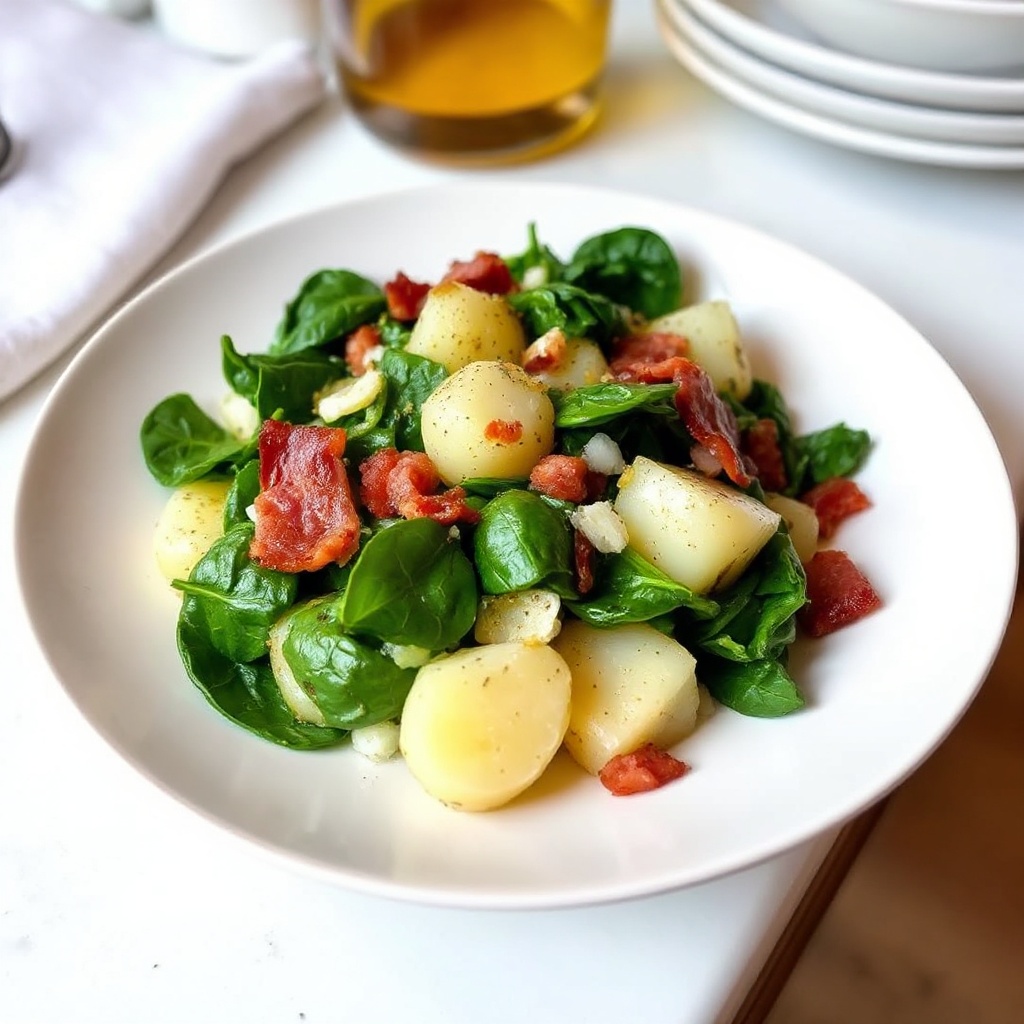 Würziger Kräuter-Kartoffelsalat mit Spinat und Speck