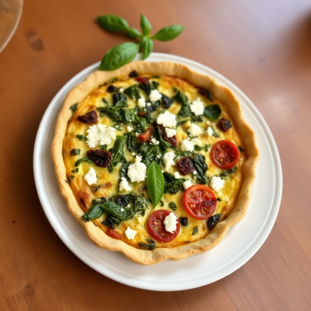 Herzhafte Spinat-Tomaten-Quiche mit Basilikum und Feta