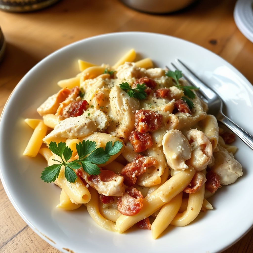 Cremige Hähnchen- und Speck-Penne