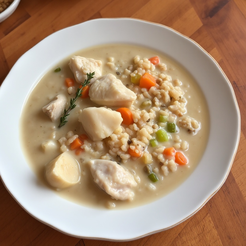 Cremige Hühner- und Vollkornreis-Suppe