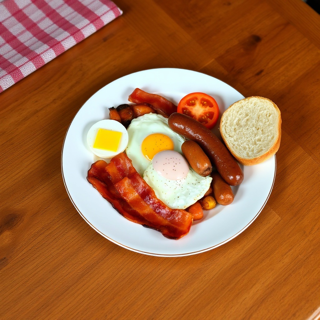 Herzhafter Frühstücksteller mit Eiern, Speck und Gemüse