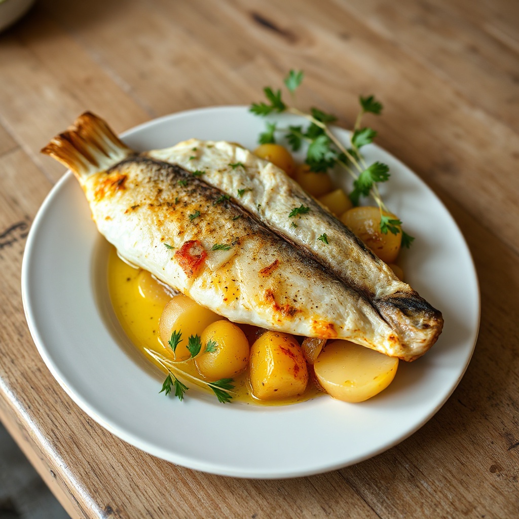Mediterraner gebackener Fisch mit Kartoffeln und Kräutern