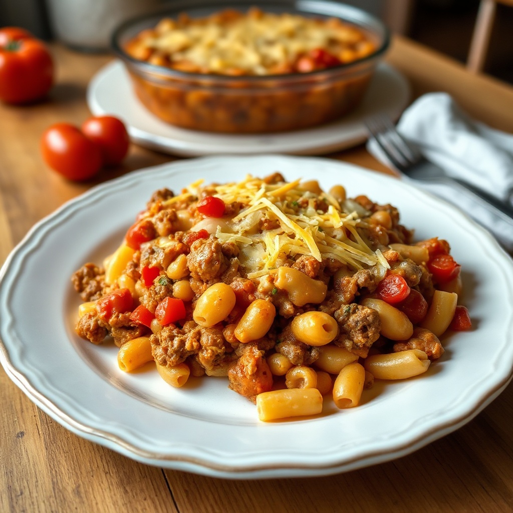 Käse-Rindfleisch-Tomaten-Pasta-Auflauf
