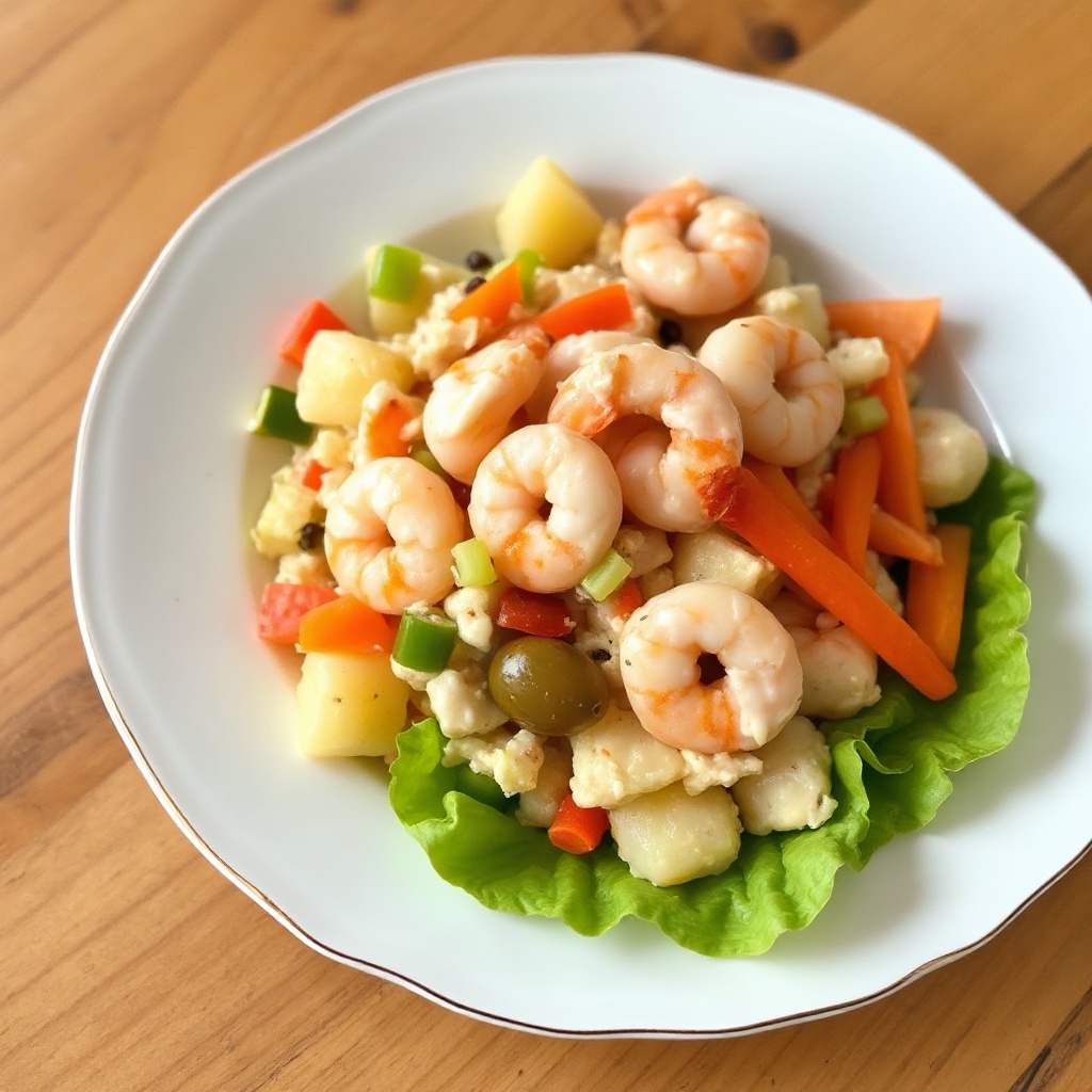 Cremiger Kartoffelsalat mit Garnelen und Gemüse