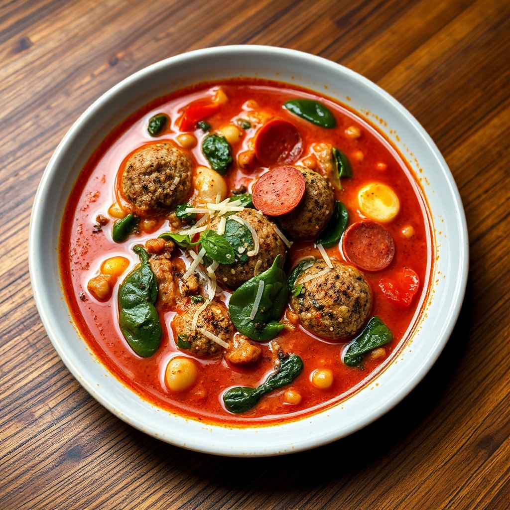 Zuppa di Polpette Salate con Spinaci e Pepperoni