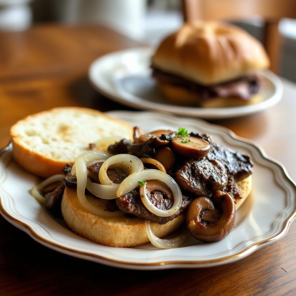 Herzhafter Steak-Sandwich mit sautierten Champignons und süßen Zwiebeln