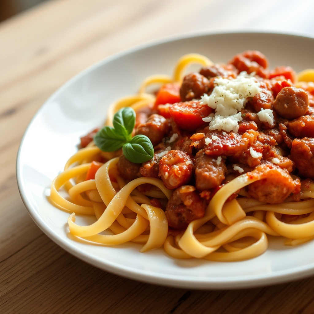 Rustikale Pappardelle mit Wurst und Paprikasauce