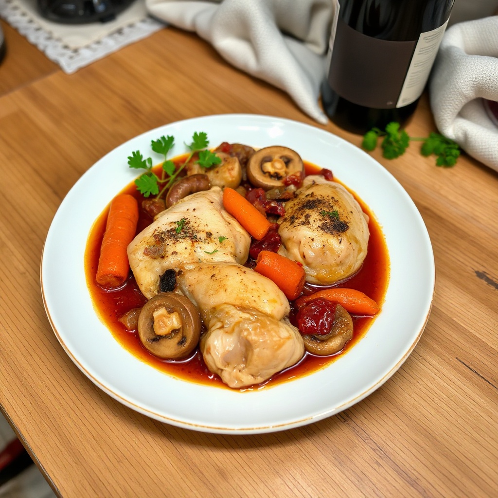 Rustikale Hähnchen in Rotweinsauce