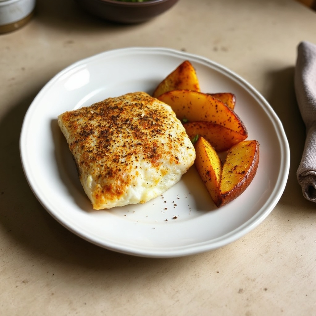 Knuspriger Fisch und gewürzte Kartoffelspalten