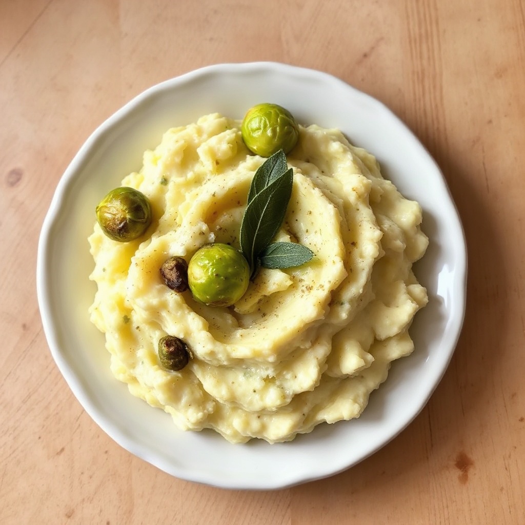 Creamy Fontina Mashed Potatoes with Sage and Brussels Sprouts