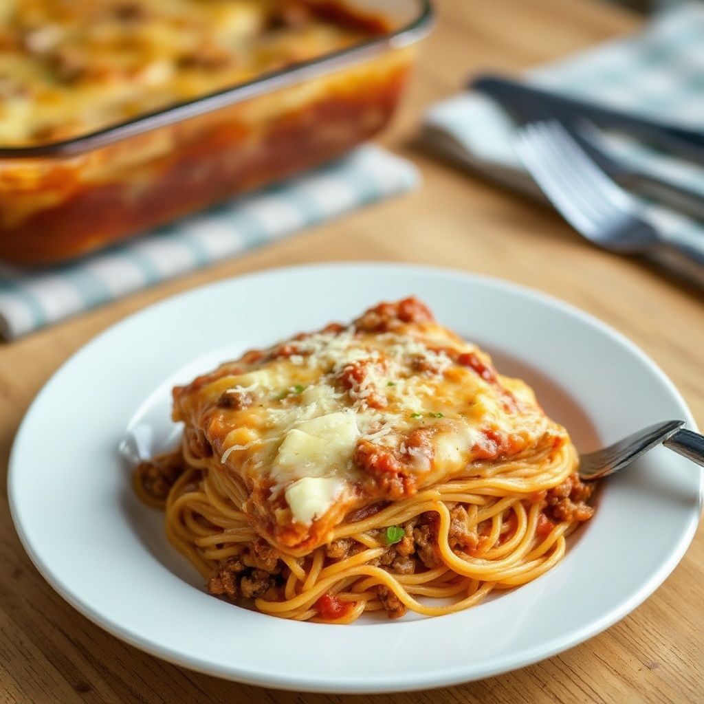 Cremiger geschichteter Spaghetti-Auflauf