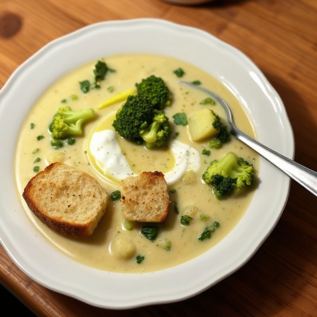Cremige Brokkoli- und Kräutersuppe mit Knoblauch-Croutons