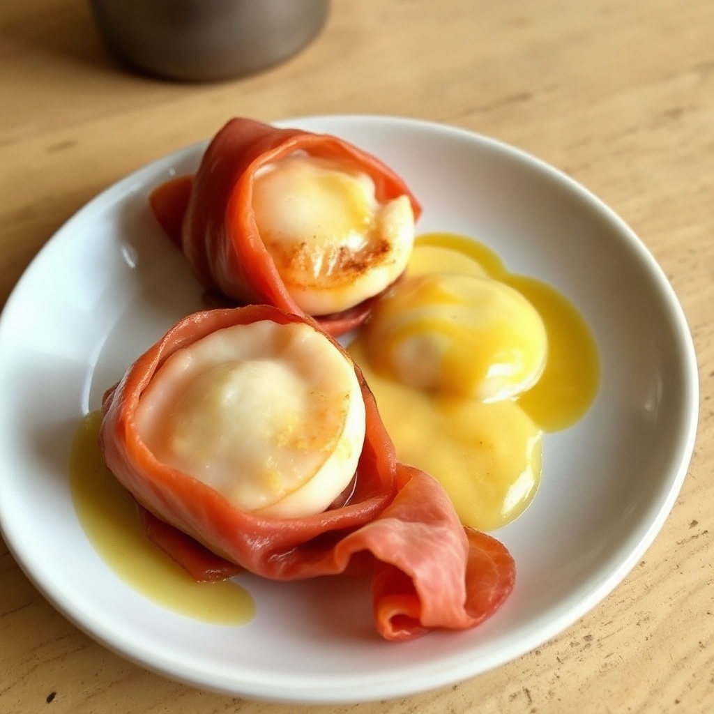 Jakobsmuscheln in Prosciutto mit Honig-Senf-Sahnesauce