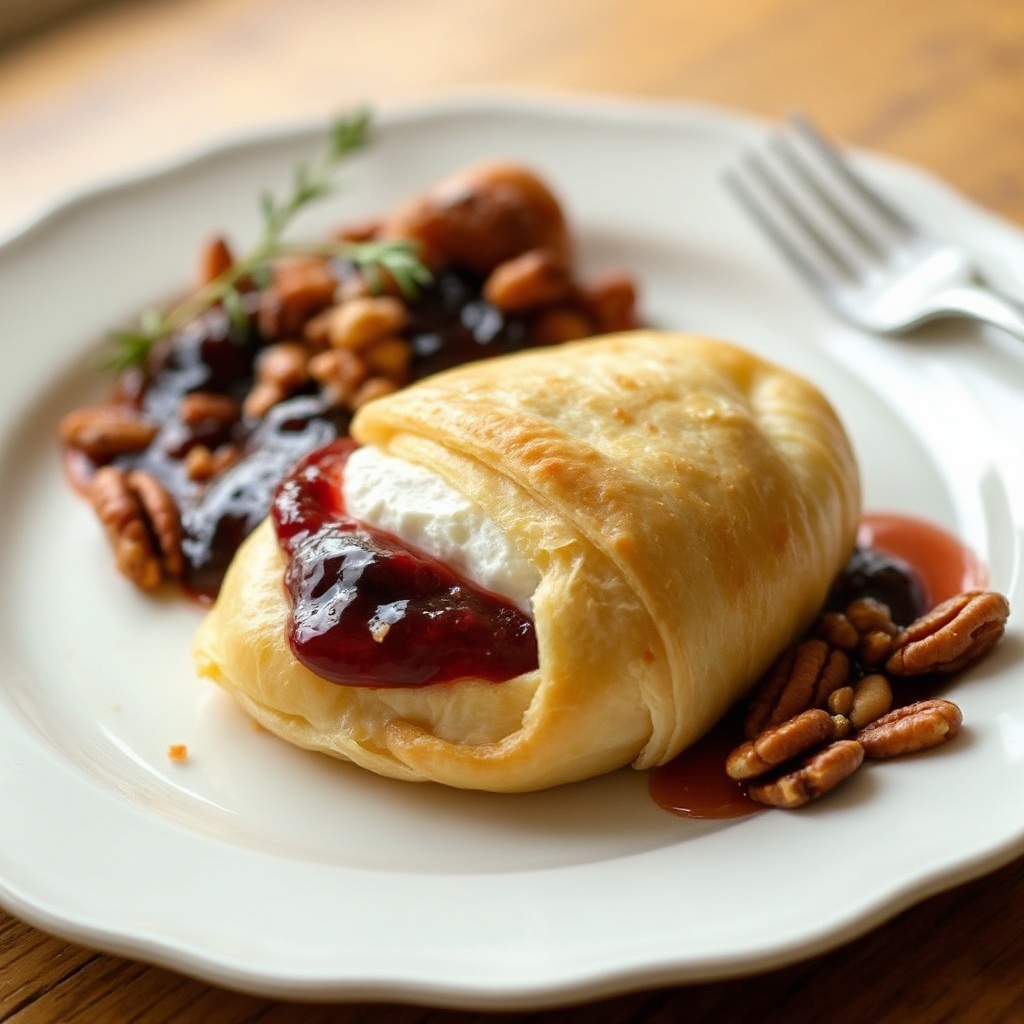Blätterteig umwickelter Brie mit Beerenmarmelade und Nüssen