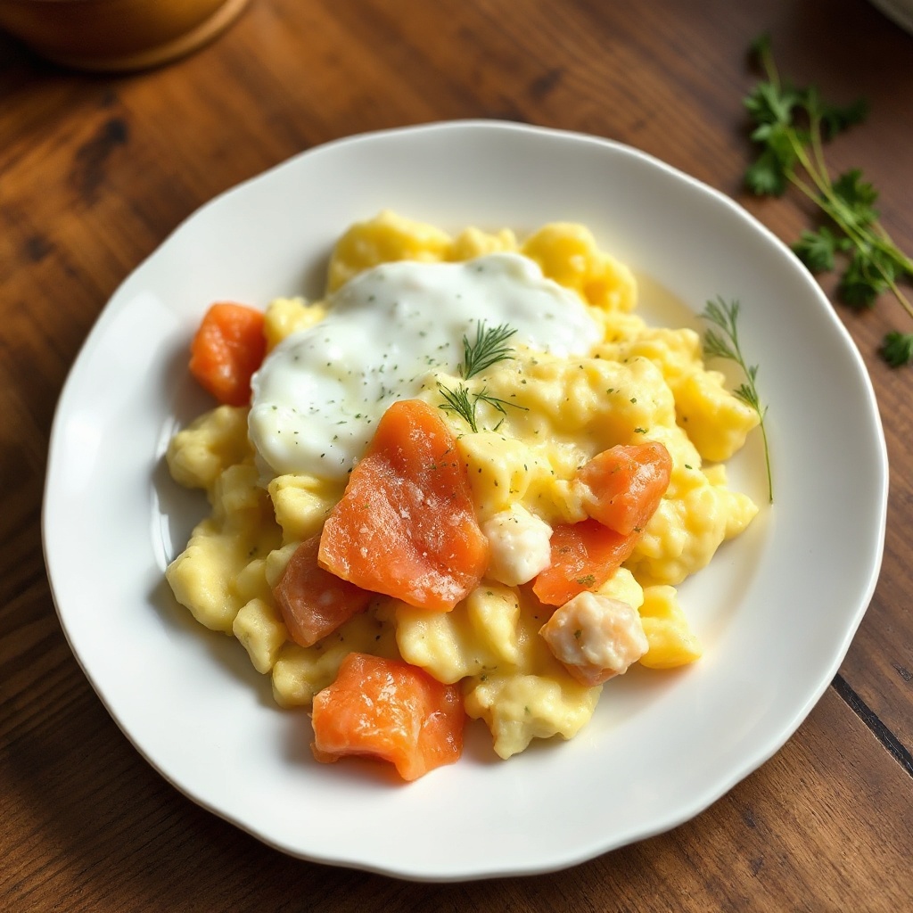 Creamy Scrambled Eggs with Smoked Salmon and Herbed Potatoes