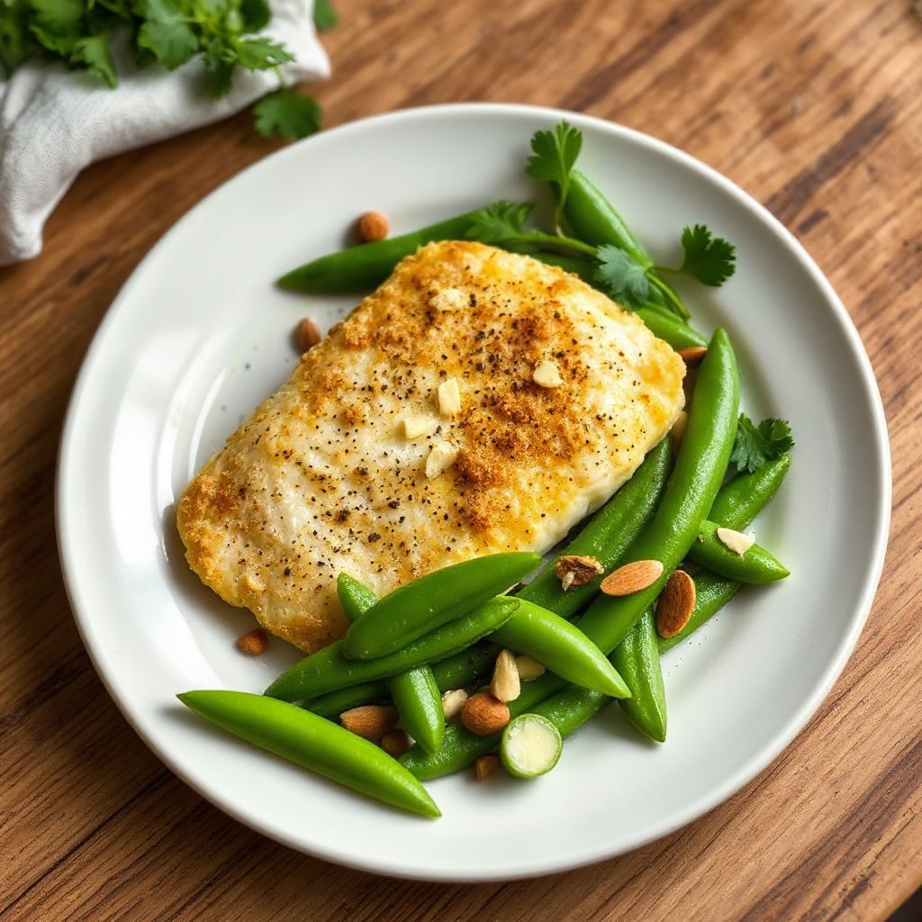 Knusprige Tilapia mit gerösteter Mandelbutter und Zuckerschoten