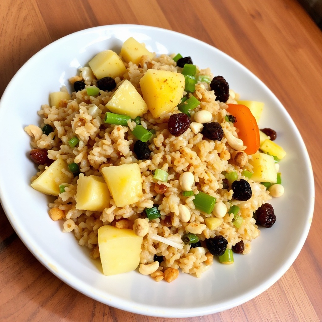 Tropischer Reissalat mit einem würzigen Dressing