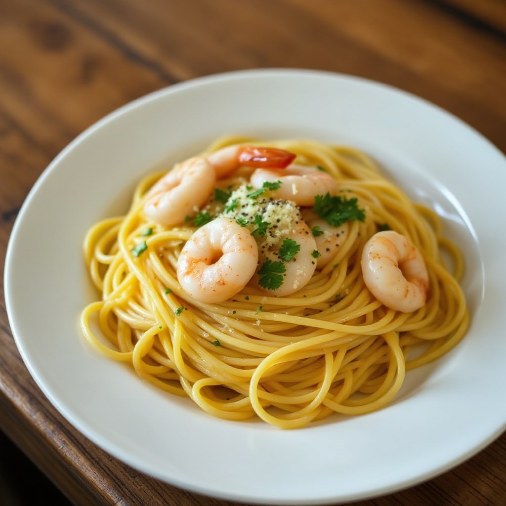Knoblauchbutter-Garnelen-Spaghetti mit Zitrone und Kräutern