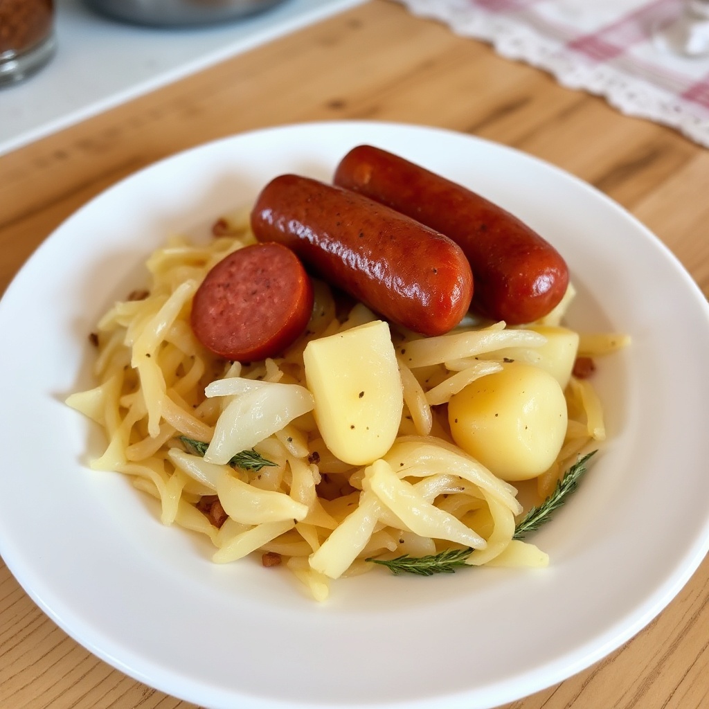 Herzhafter Sauerkraut- und Räucherwurst-Auflauf