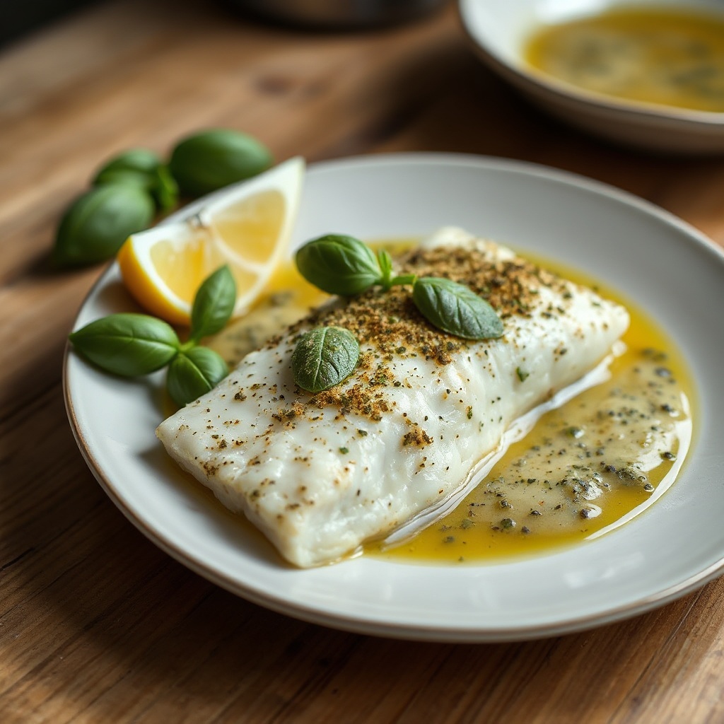 Kräuterkruste-Kabeljau mit Knoblauch-Basilikum-Sauce