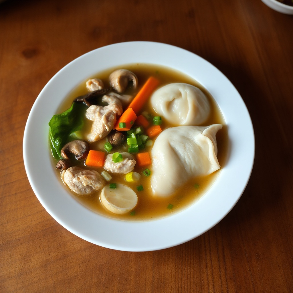 Herzhafte Mu Shu Suppe mit Teigtaschen
