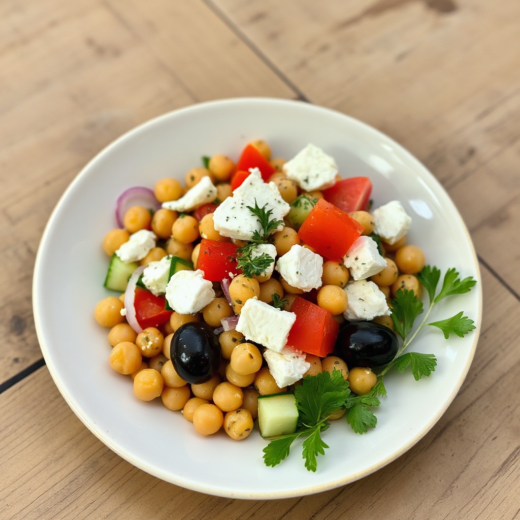 Mediterraner Kichererbsensalat mit Feta und Oliven