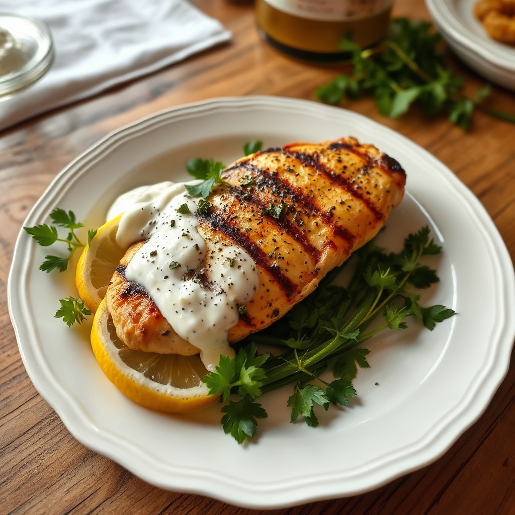 Gegrilltes Zitronen-Kräuter-Hühnchen mit cremiger Knoblauchsauce
