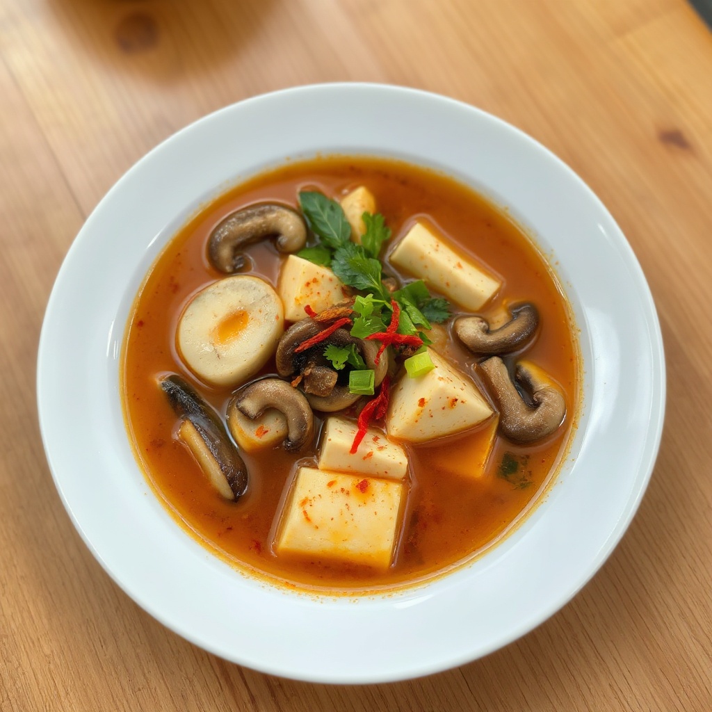Zuppa Vegetariana Piccante con Tofu e Funghi