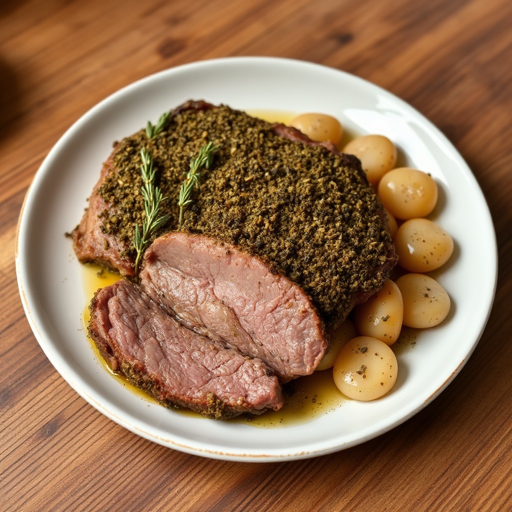 Kräuterkrusten-Rinderbraten mit Knoblauch und Thymian