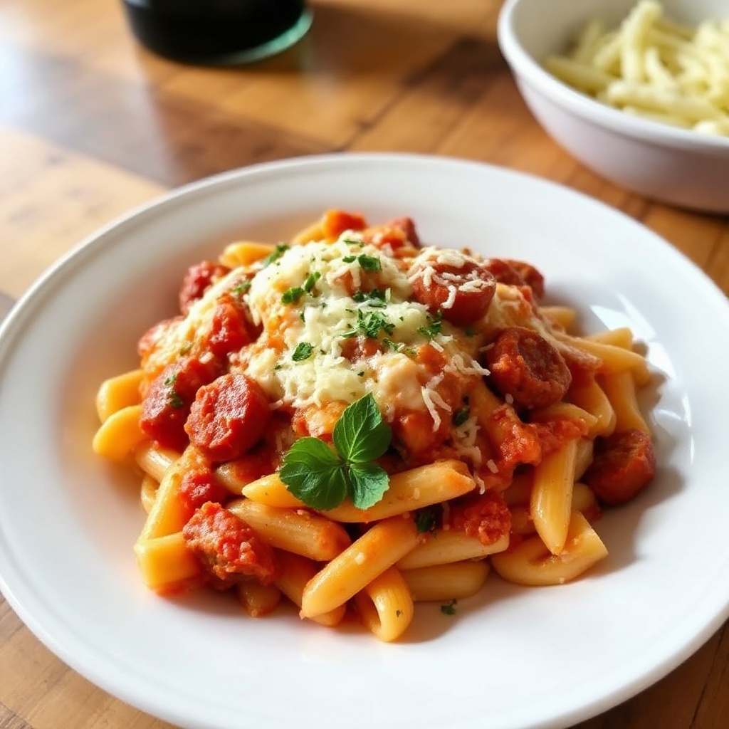 Käseüberbackene Rigatoni mit Wurst und Kräutern