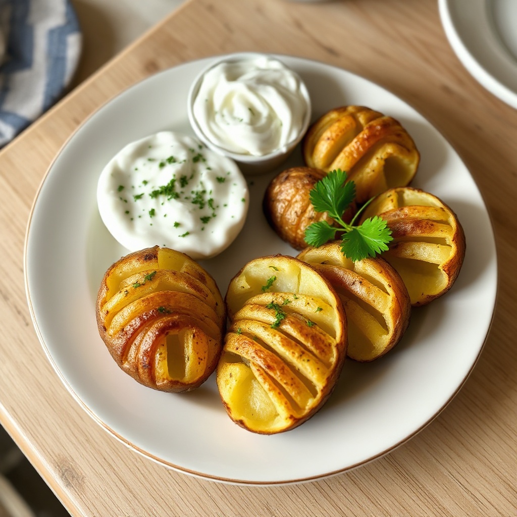 Knusprige Knoblauch-Hasselback-Kartoffeln mit cremigem Kräuterdip