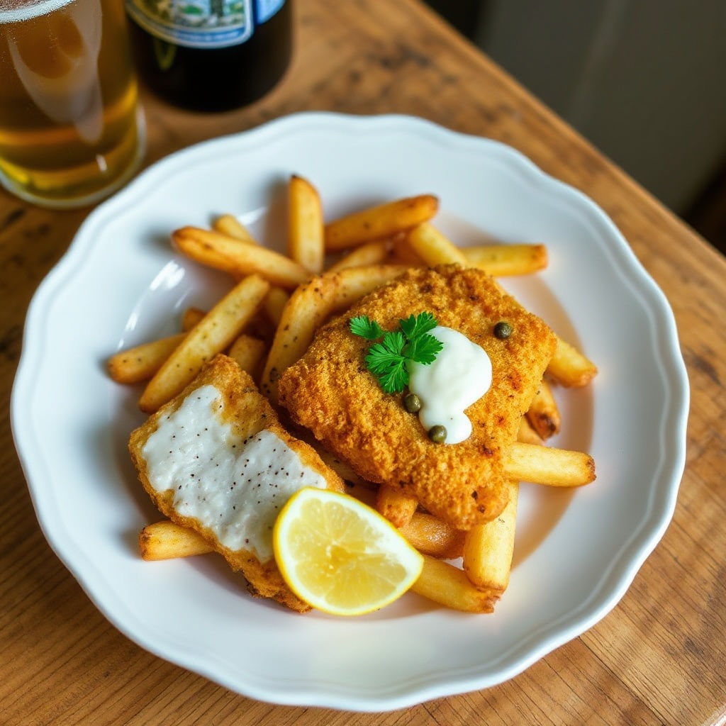 Knuspriger Bier-Teig Fisch und Pommes Frites