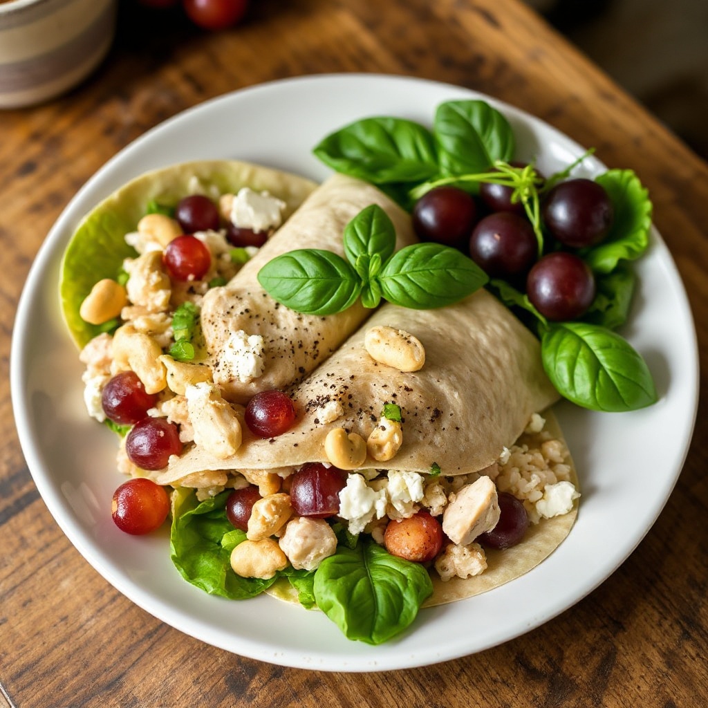 Herzhafte Basilikum Cashew Hähnchensalat Wraps