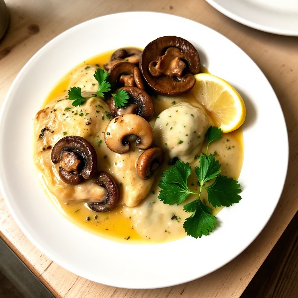Pollo Crema con Funghi e Salsa al Vino Bianco