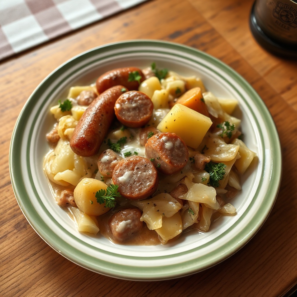 Herzhafte Wurst und cremige Kartoffelpfanne