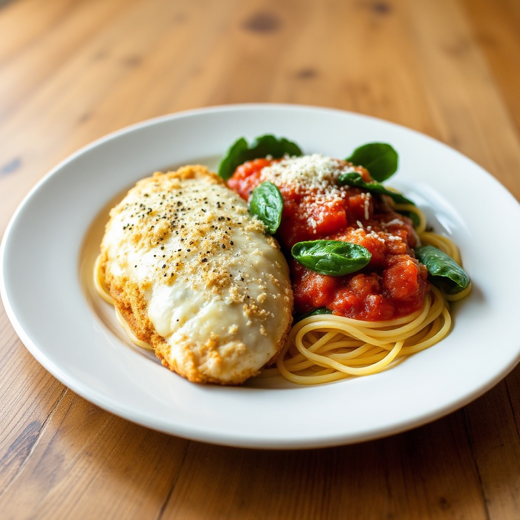 Crispy Chicken Parmesan with Spinach Pasta