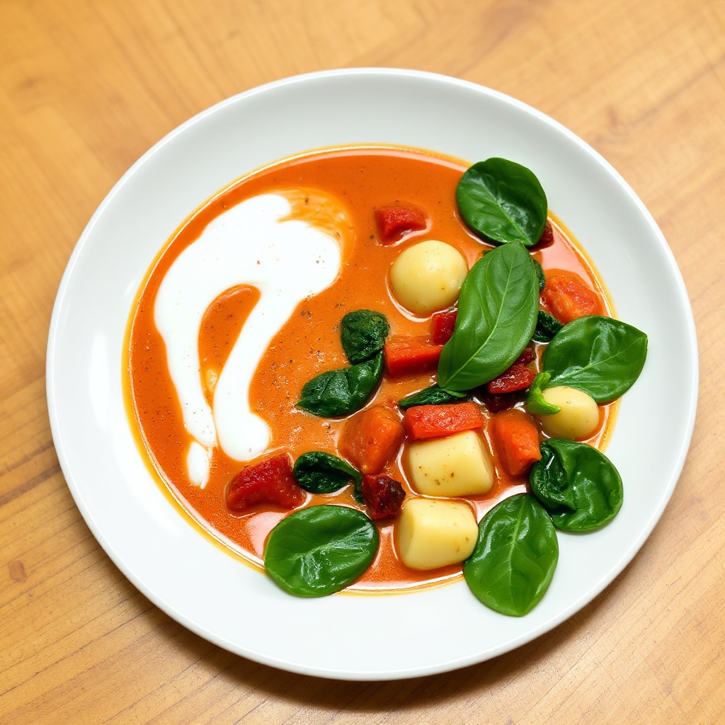 Cremige Tomaten-Basilikum-Suppe mit Spinat-Gnocchi