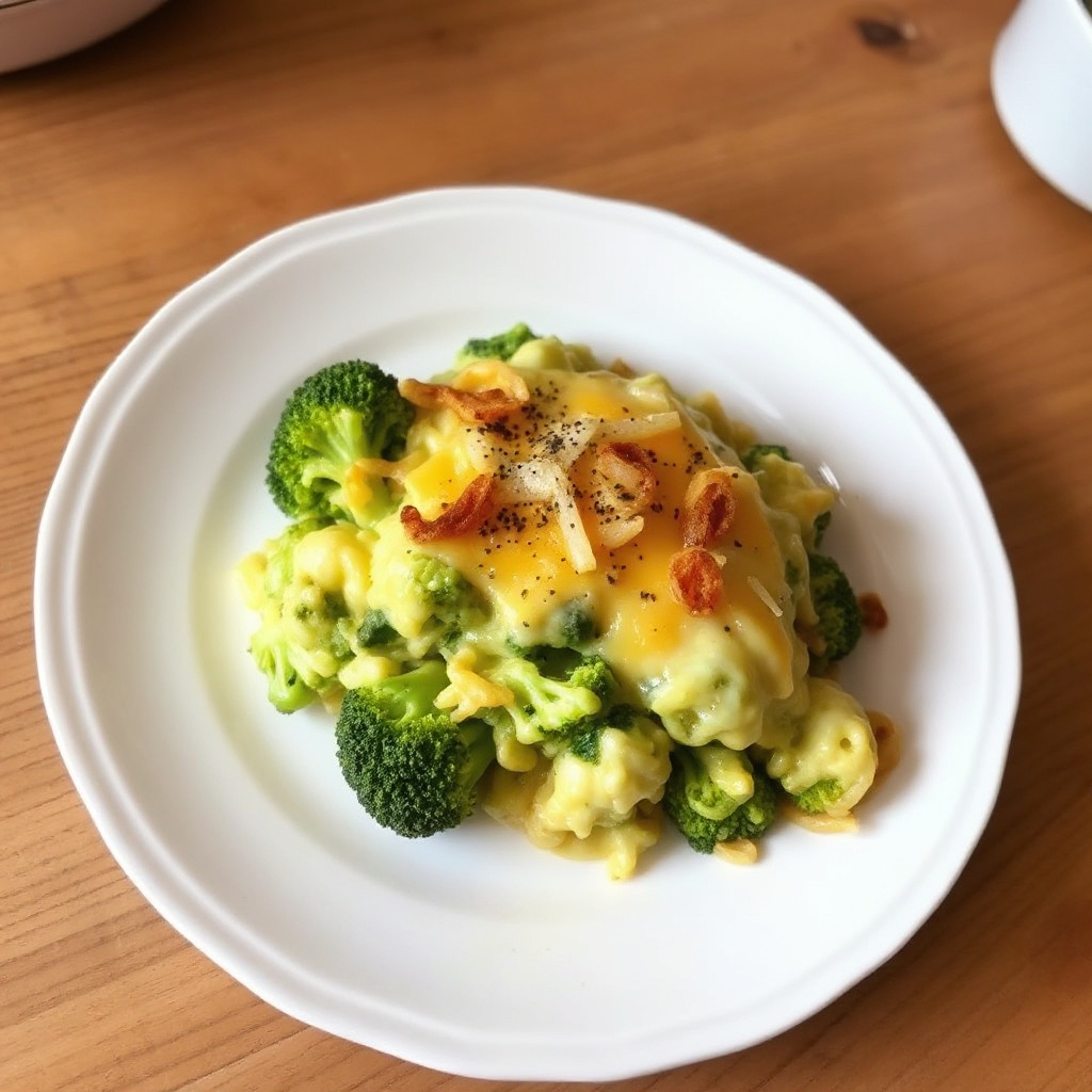 Käse-Brokkoli-Auflauf mit knusprigen Zwiebeln