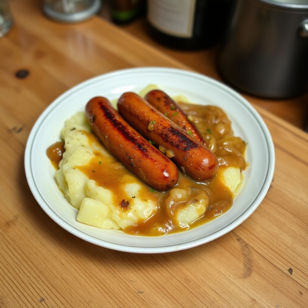 Herzhafte Würstchen mit cremigem Püree und reichhaltiger Zwiebelsauce