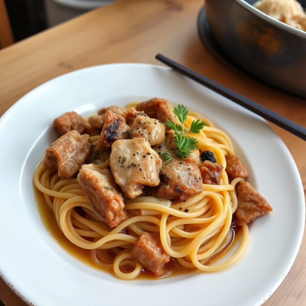 Herzhafter Schweinefleisch- und Kräuternudeln-Pfanne