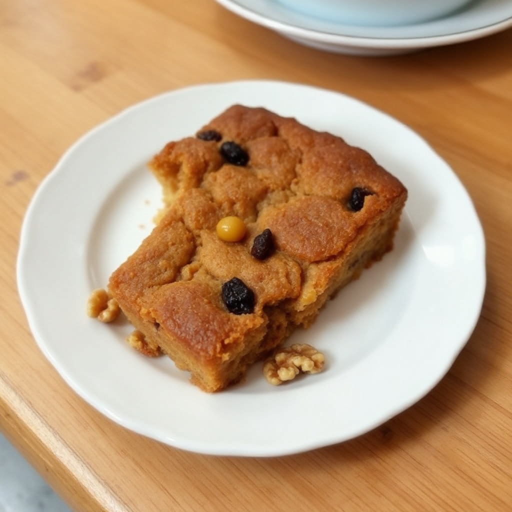 Gewürzter Apfelmus-Kuchen mit Walnüssen und goldenen Rosinen