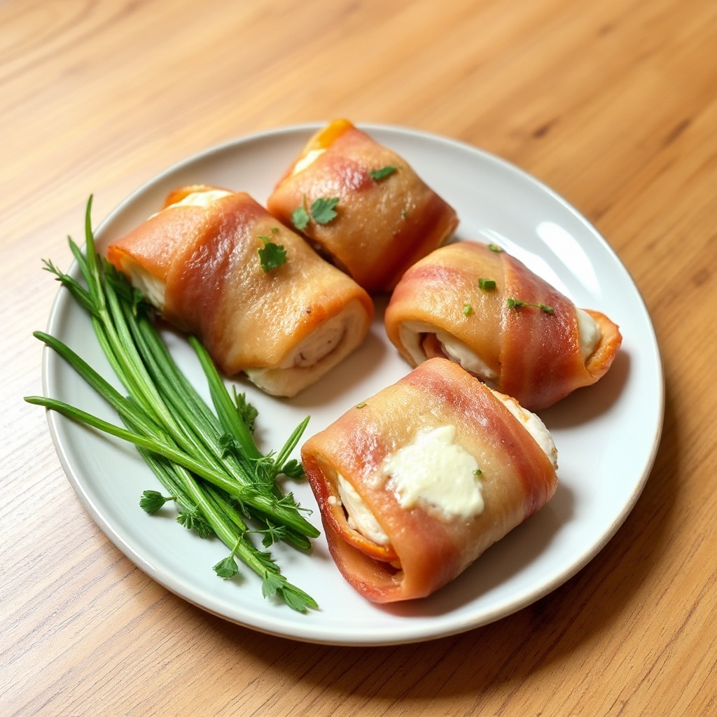 Mit Speck umwickelte cremige Kräuter-Hühnchen-Rollen